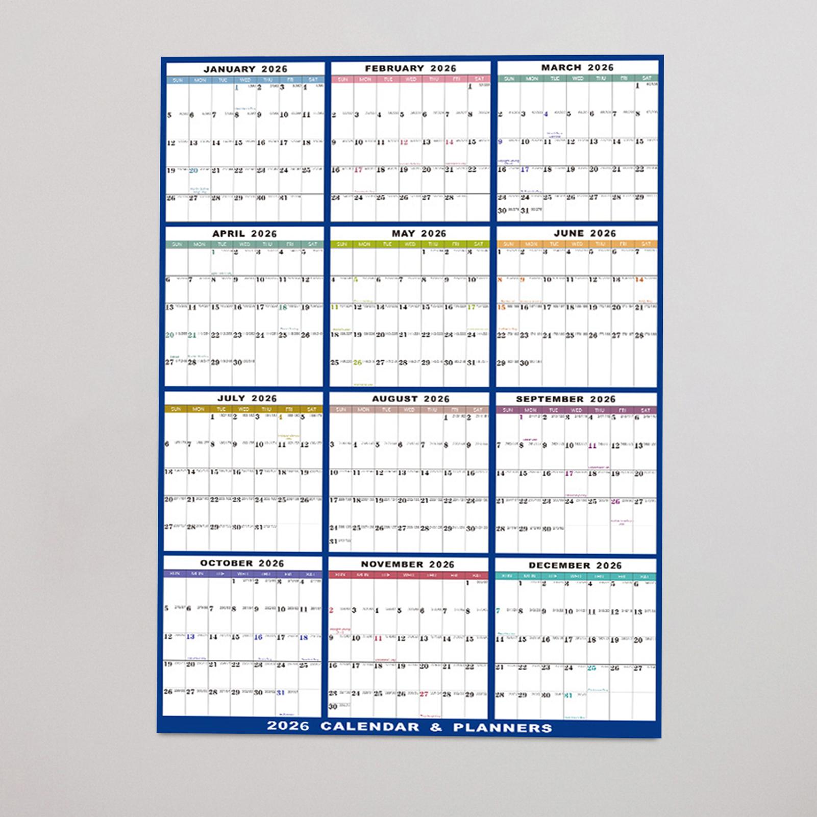 Large Erasable 2026 Wall Calen - Home Office Holidays 2026 评论和价格