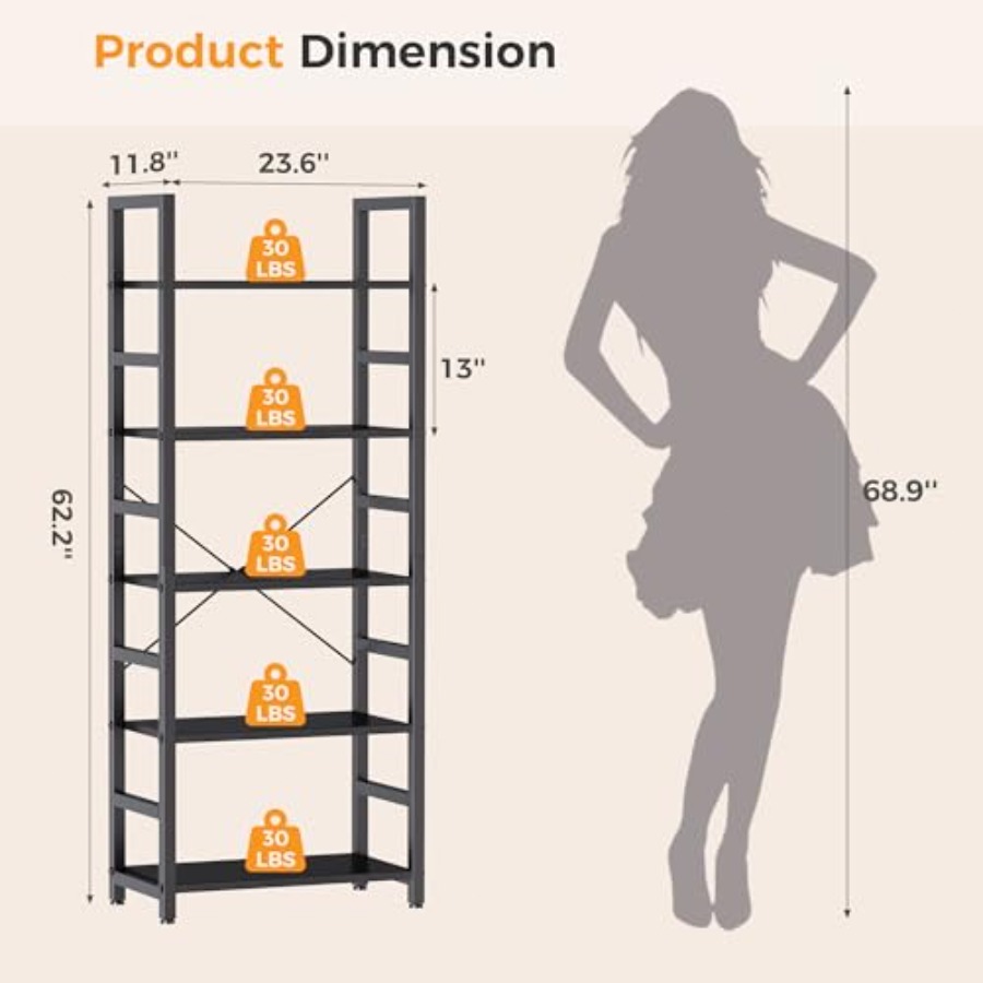 5-Tier Bookshelf, Modern Tall  - Home Office In Living Room 评论和价格
